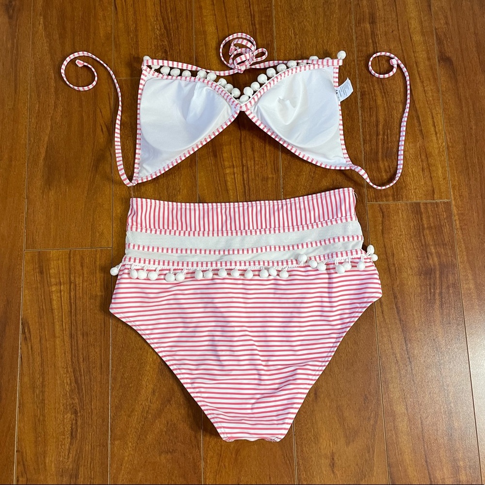 COCOSHIP Boho Pom Pom High Waist 2 PIECE BIKINI Pink Stripes Size 14 - Picture 4 of 9